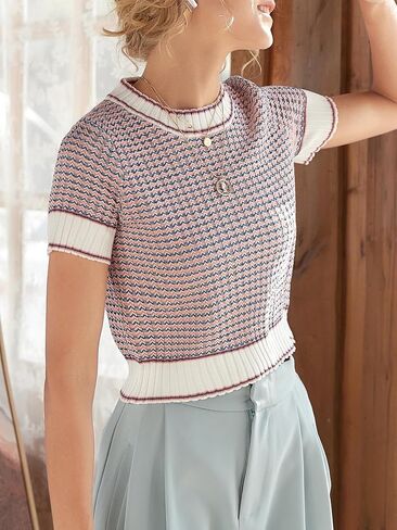 GORGLITTER Women's Colorblock Short Sleeve Sweater Ribbed Knit Striped Round Neck Pullover Tops in Saudi Arabia