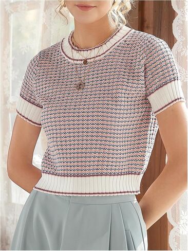 GORGLITTER Women's Colorblock Short Sleeve Sweater Ribbed Knit Striped Round Neck Pullover Tops in Saudi Arabia