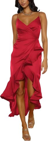 Nova In Sky Womens 2024 Sexy V-Neck Satin Party Cocktail Midi Dress Sleeveless Wrap Ruffle Mermaid Hem Formal Dresses in Saudi Arabia