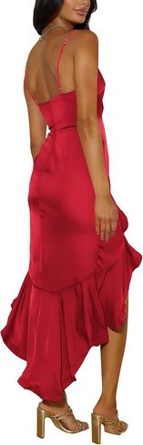 Nova In Sky Womens 2024 Sexy V-Neck Satin Party Cocktail Midi Dress Sleeveless Wrap Ruffle Mermaid Hem Formal Dresses in Saudi Arabia