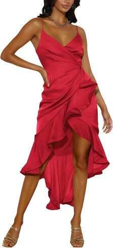 Nova In Sky Womens 2024 Sexy V-Neck Satin Party Cocktail Midi Dress Sleeveless Wrap Ruffle Mermaid Hem Formal Dresses in Saudi Arabia
