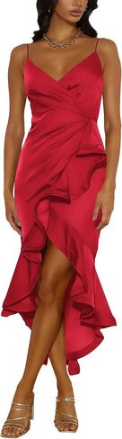 Nova In Sky Womens 2024 Sexy V-Neck Satin Party Cocktail Midi Dress Sleeveless Wrap Ruffle Mermaid Hem Formal Dresses in Saudi Arabia