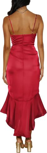 Nova In Sky Womens 2024 Sexy V-Neck Satin Party Cocktail Midi Dress Sleeveless Wrap Ruffle Mermaid Hem Formal Dresses in Saudi Arabia