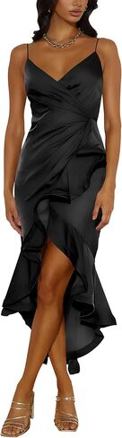 فستان Nova In Sky للسيدات 2024 مثير بياقة على شكل v من الساتان لحفلات الكوكتيل ميدي بدون أكمام ملفوف بكشكشة حورية البحر بحاشية رسمية in Kuwait