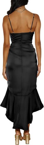 فستان Nova In Sky للسيدات 2024 مثير بياقة على شكل v من الساتان لحفلات الكوكتيل ميدي بدون أكمام ملفوف بكشكشة حورية البحر بحاشية رسمية in Kuwait