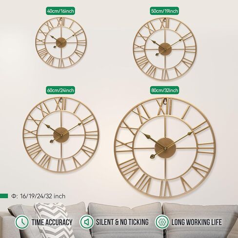ساعة حائط كبيرة مقاس 32 بوصة أرقام رومانية سوداء ساعة معدنية تعمل بالبطارية صامتة غير موقوتة ساعة ديكور حديثة مستديرة كبيرة الحجم للمنزل والفندق والمكتب وغرفة النوم (أسود، 32 بوصة) in Kuwait