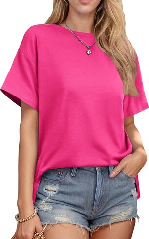 HOTOUCH Womens Oversized T Shirts Crewneck Short Sleeve Workout Blouse Tops Summer Casual Dropped Shoulder Tunic Tee in Saudi Arabia