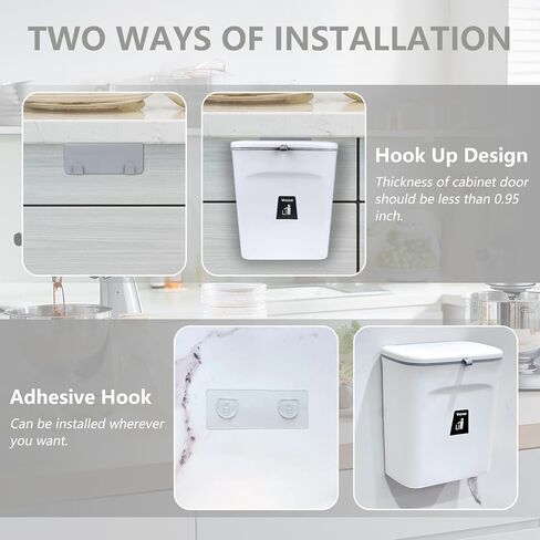 VIGIND 9L/2.4 Gallon Hanging Trash Can for Kitchen Cabinet Door with Lid, Small Under Sink Garbage Can,Trash Bin for Bathroom, Wall Mounted Counter Waste Compost Bin, Plastic  (White) in Kuwait