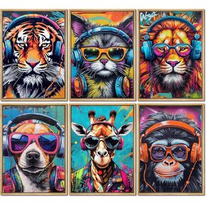 6pcs Colorful Graffiti Animals Canvas Wall Art Gamer Earphone Animal Poster Lion Tiger Cat Dog Orangutan Giraffe Funky Paintings Pictures Pop Art Wall Decor for Teen Boys Children Game Room Unframed8x10in