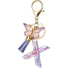 Initial Letter Keychains for Women Purple Pink Keychain with Butterfly Purse Charms for Handbags Cute Tassel Keychain
