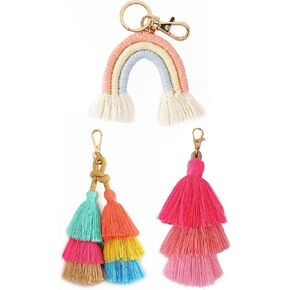 3pcs Keychain Tassels,Boho Rainbow Keychain & Double Stranded Colored Tassel Keychain with Triple Colorful Tassel Keychain Mobile Wallet Tassel Keychain Backpack Charms Birthday Gifts for Women.
