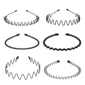 fenshine 6PCS Metal Hair Bands, Spring Wavy Hoop Unisex Black Headband Slicked Back Non Slip Sports Hairband for Women Men…