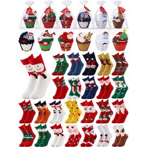 24 Pairs Christmas Cupcake Fuzzy Socks Gift Cartoon Plush Fluffy Slipper Socks Winter Warm Socks for Women Holiday Soft Sleeping Sock for Unisex Adult Coworkers Christmas Gift