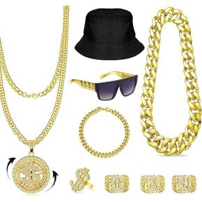 12PCS 80s 90s Accessories Outfit for Men Women Hip Hop Rapper Costume Kit Old School Rapper Sunglasses Faux Gold Rope Chain Bracelet Dollar Sign Ring Earrings Bandana Cosplay Jewelry