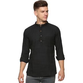 Men's Cotton Handloom Kurta Short Solid Khadi Kurta Mandarin Collar Full Sleeves Side Split Indian Tunic Ethnic Wear for Wedding Party - Medium (Black)