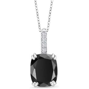 Gem Stone King 2.79 Cttw Black Onyx and White Lab Grown Diamond Pendant Necklace For Women set In 925 Sterling Silver | Gemstone Birthstone | Cushion Cut 10X8MM | With 18 Inch Silver Chain
