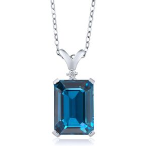 Gem Stone King 925 Sterling Silver London Blue Topaz and White Diamond Pendant Necklace For Women (9.52 Cttw, Gemstone Birthstone, Emerald Cut 14X10MM, with 18 Inch Silver Chain)