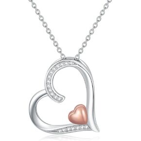 ZBA Natural Diamond Heart Necklace for Women, 18k Gold Plated Sterling Sliver Double Heart Pendant Jewelry Valentine's Day Gifts for Her 20'' (F-G, I1-I2)