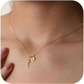 Heart Key Charm Necklace for Women Men Gold Plated Heart Lock and Key Pendant Necklace Friendship Necklace S925 Sterling Silver Padlock Choker Chain Necklace for Couples Christmas Valentine's Day Jewely Gifts