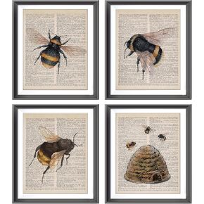 Farmhouse Honey Bee Bumble Bee Beehive Poster Prints for Home Kitchen Bedroom Living Room Porch Nursery Classroom Decor,Honey Bee Dictionary Art Decorations Prints Wall Art Unframed 4pcs 8x10inches