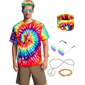 Men's Hippie Costume 60s 70s Style Colorful T-Shirt with 5-Piece Accessory Set for 70s Outfits Theme Party