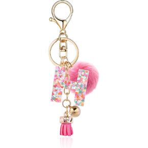 Resin Alphabet Initial Letter Keychain Keyring for Women Purse Handbags With Fur Ball Pom