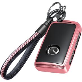 Lcyam Key Fob Cover Case Key Holder with Leather Keychain for Mazda 2024 2022 2023 3 6 CX-30 CX-5 CX-9 (Rose Gold)