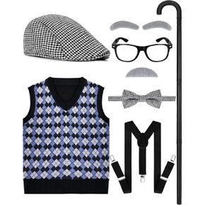 100th Days of School Costume, Boys Old Man Costume Vest Hat Accessories, Kids 100th Day of School Cosplay Outfit