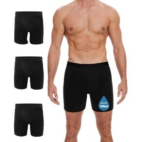 Incontinence Underwear Long Leg For Men, 100ML Absorbent Cotton Washable Leak-Proof Reusable Boxer Brief 3 Pack