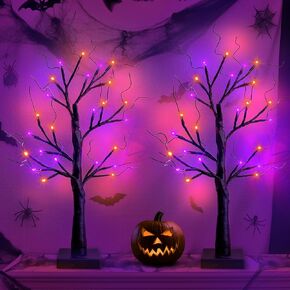 2FT Black Spooky Tree USB & Battery Operated Tabletop Halloween Black Tree with Timer for Halloween Decorations Indoor Home Holiday Party Light up Halloween Decor (Orange and Purple LEDs 2 Pack)