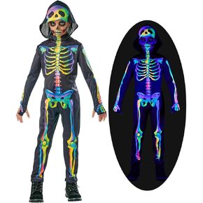 Seasons Rainbow Skeleton Costume with Hood for Boys, Black-Light Responsive, Halloween Cosplay Costume