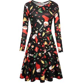 Women's Long Sleeve Christmas Dresses Casual Fall Printed Fit and Flare Aline Dress