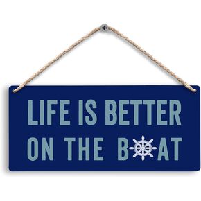 Lake House Life is Better on The Boat Hanging Wooden Signs 12x6, Lake House Wall Decor, Lake House Decor, Navy Blue Boat Lake Lovers Themed Home Wall Decor Gifts for Boat Owners Women Men