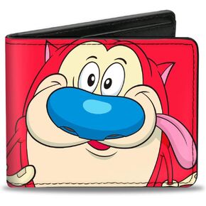Buckle-Down Men's Nickelodeon Wallet, Bifold, The Ren Show Stimpy Face and Logo Red, Vegan Leather, 4.0" x 3.5"