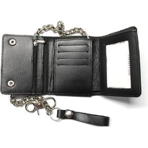 Leather Trifold Biker Wallet Constructed of Premium Leather with 18 inch Chain (Black)