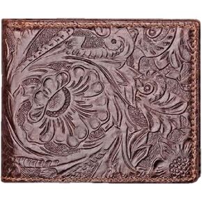 Genuine Real Leather Short Bifold Wallet for Men, RFID Blocking 3D Floral Print Retro Vintage Embossed Clutch Purse. Horizontal Peony Floral Brown
