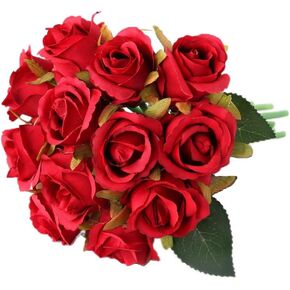 12pcs Artificial Roses Single Stem Fake Silk Flower Arrangement Bridal Bouquet Real Touch for Home Party Wedding Decoration Without Vase (Red)