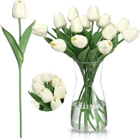 20 Pcs Artificial Flowers with Vase, 14 inch Faux Tulip Flowers Bouquet in Glass Vase for Kitchen Dining Table Centerpiece Easter Valentine's Day Gifts Home Wedding Decoration (Cream White)