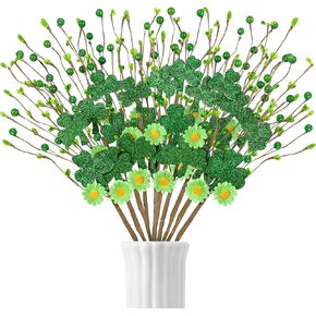 10PCS St Patricks Day Decorations Shamrock Picks Artificial Flowers Decor Floral Stems for Home Party Table Centerpiece