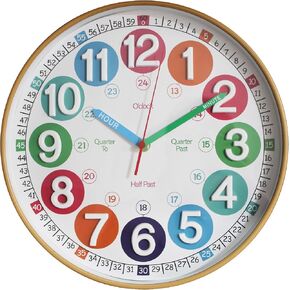 Wall Clocks,10Inch Learning Time Clock, Colorful Clock Face Silent Clocks with Simple Thermometer,Clear Digital Wall Clock (Peach Pink)
