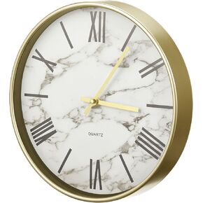 mDesign Modern Stylish Wall Clock for The Office, Bedroom, Kitchen, Bathroom, 11.5 Inch Diameter - Large Black Numbers on a Marble Background with a Clear Glass Cover - Gold Frame and Hands