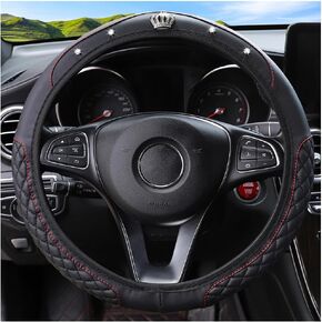 Car Steering Wheel Cover, Bling Diamond Crown Elastic Leather Steering Wheel Protector, Universal 15 Inch, Non-Slip & Breathable, Sparkly Crystal Car Accessories for Women Girls