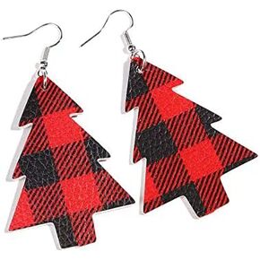Faux Leather Red Buffalo Plaid Christmas Tree Earrings for Women