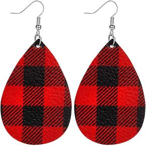 Buffalo Plaid Earrings for Women Christmas Plaid Earrings Lightweight Faux Leather Teardrop Dangle Earrings for Women Xmas Plaid Leather Earrings