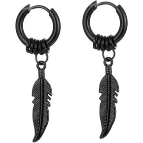 Feather Dangle Earrings for Men Women Stainless Steel Black Sliver Feather Tassel Hoop Dangle Earrings Punk Hip Hop Vintage Feather Drop Earrings Party Birthday Jewelry