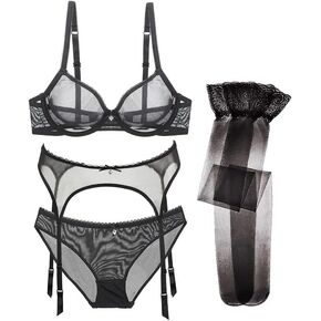 Women's Sexy Lingerie Set with Garter Belt Stocking See Through Matching Bra and Panty 4 Piece