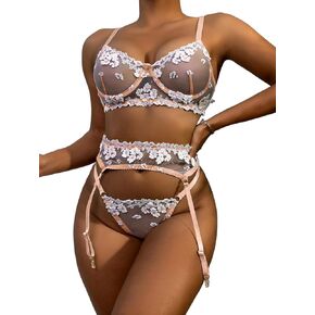 Sexy Floral Underwire Sheer Embroidered Mesh Lingerie Set 2 Piece