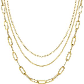 MJust 14K Gold Plated Layered Necklace for Women, Pearl Cross Cubic Zirconia Heart Paperclip Simple Chain Necklace for Women Men