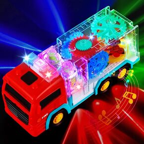 Light Up Sensory Car Toy for Kids,Transparent Gear Fire Truck Toy with Colorful Moving Gears Music and Lights Effects,Educational Tummy Time Toys for Boys and Girls