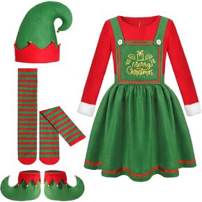 Christmas Elf Girl Costume Set,Festive Holiday Elf Dress Outfit with Hat,Stockings,and Shoes